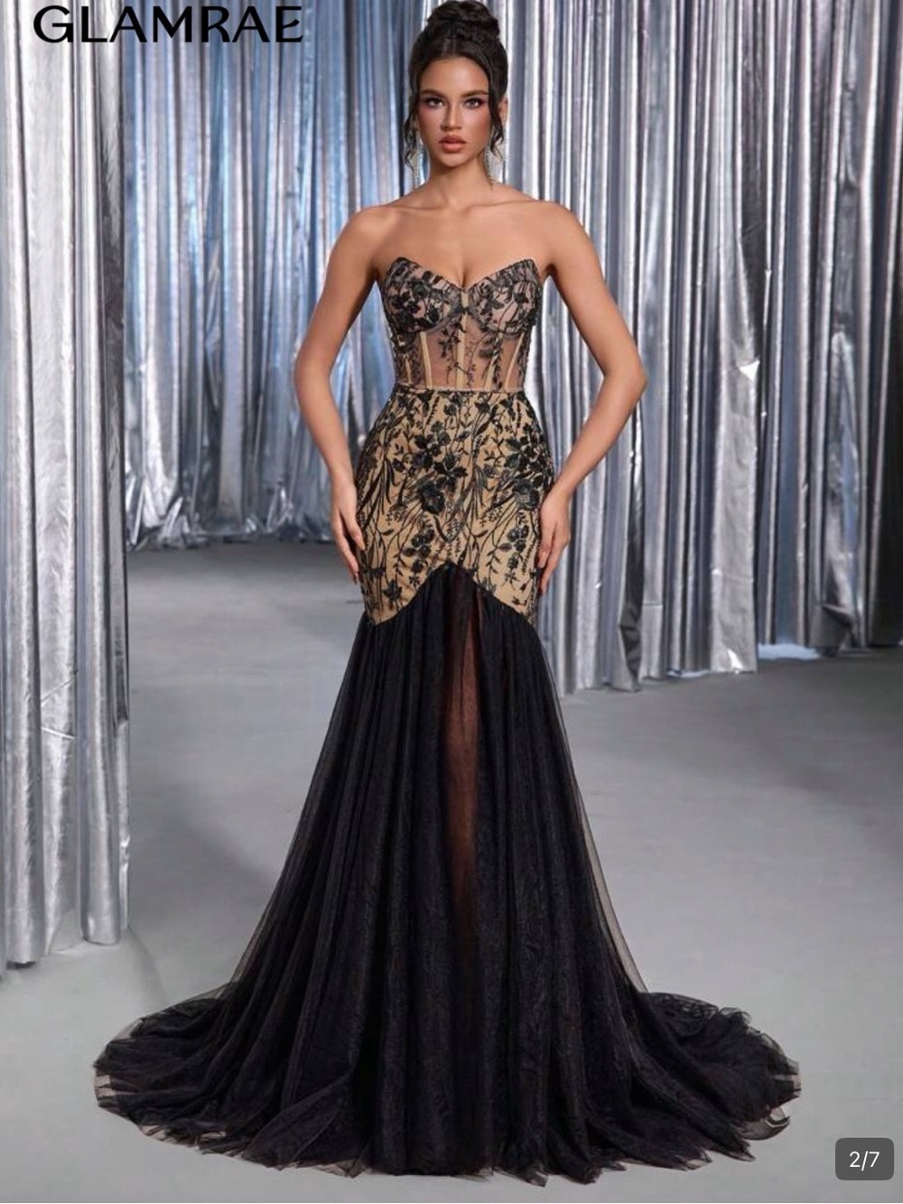 SHEIN Strapless Black and Gold Lace Appliqué Mermaid Gown
